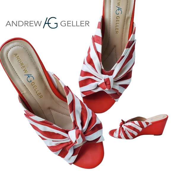 Andrew Geller Shoes - ANDREW GELLER Brenna Red & White Striped Bow Tie Wedges Heels Size 8.5M